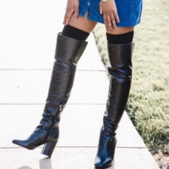 NEW Via Spiga Pebbled Leather Over The Knee OTK Chunky Heel Almond Boots 5.5 NIB - Picture 10 of 16